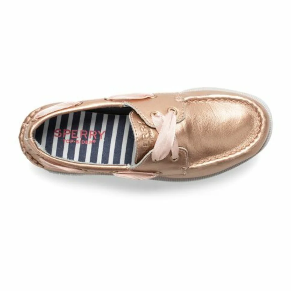 4) SPERRY Rose Gold with Ribbon 🎀 Laces Top Sliders Shiny Sz. 3